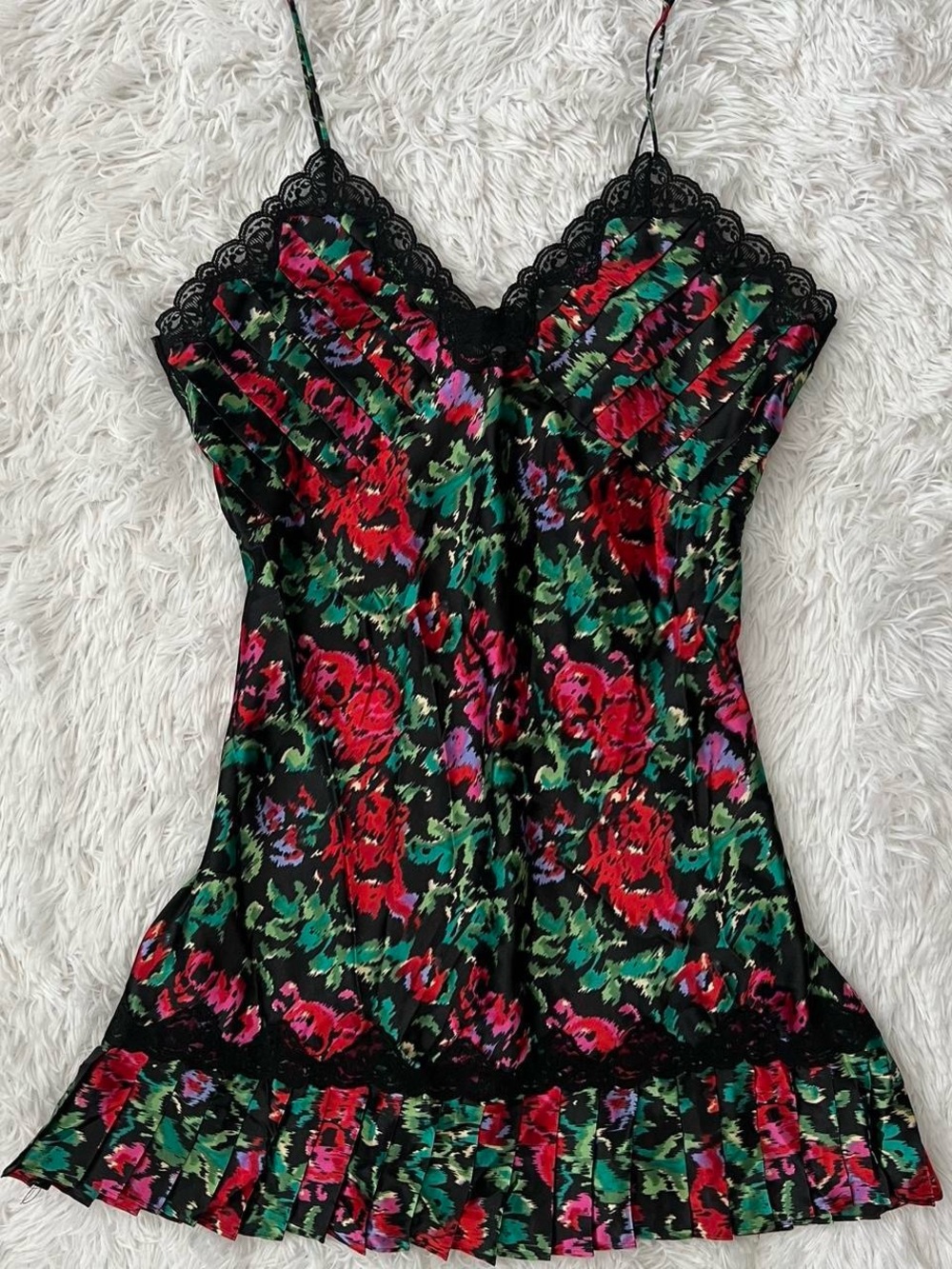 90s Gold Tag Pleated Floral Lace Trim Slip Dress